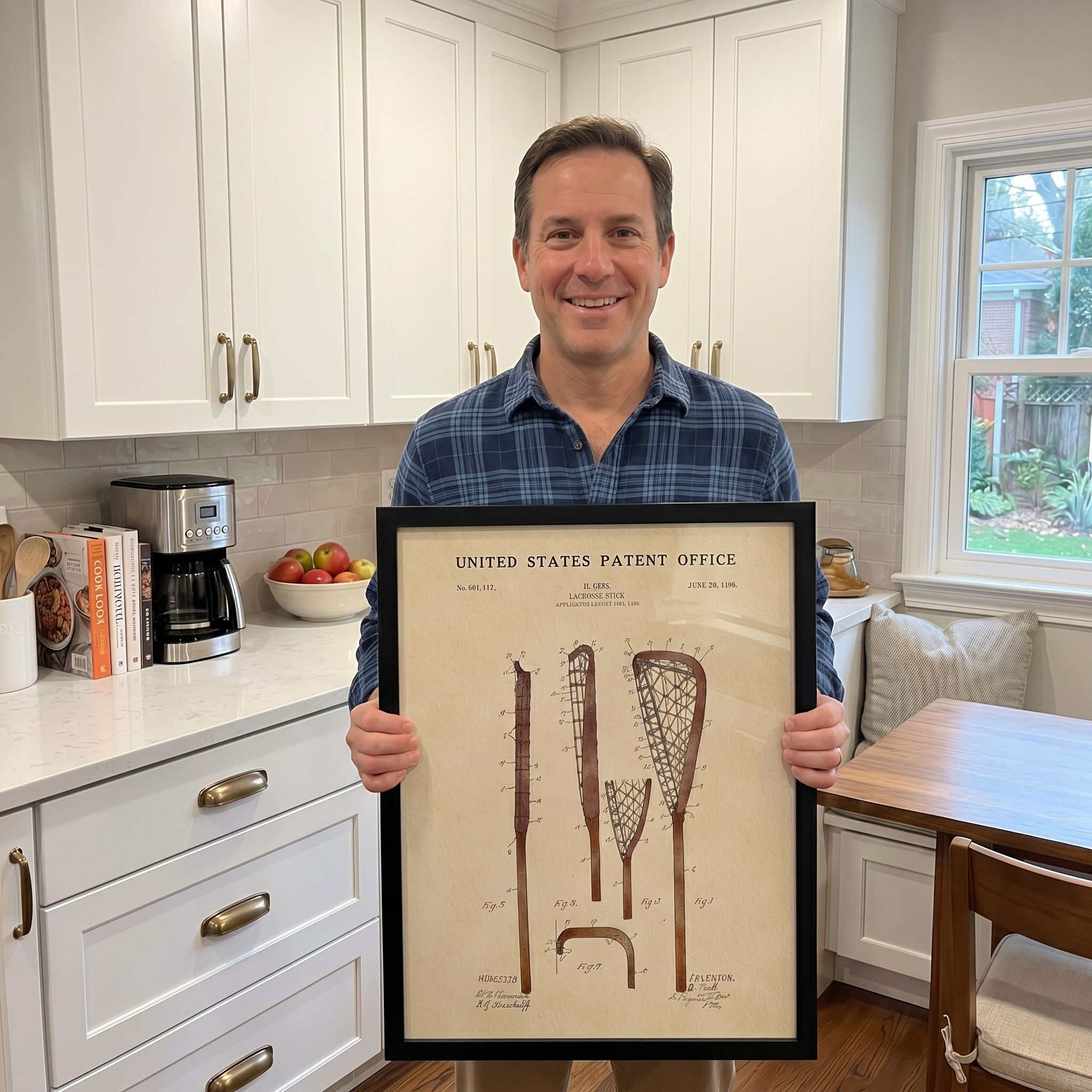 Dad holding a framed lacrosse stick watercolor patent art print